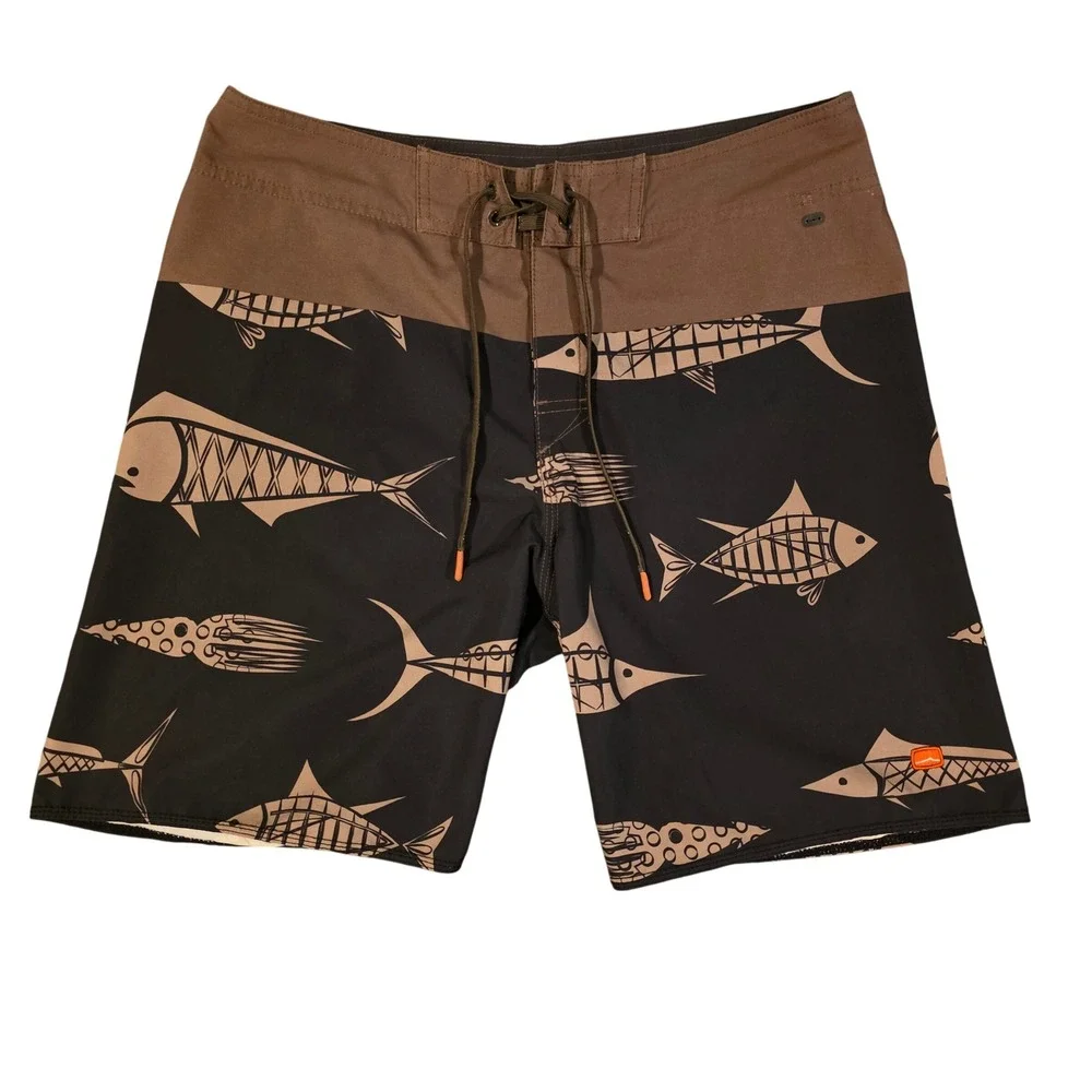 Cova Mens Board Shorts Size 32 Black Brown Fish Squid Skeleton Swim Trunks 9 In